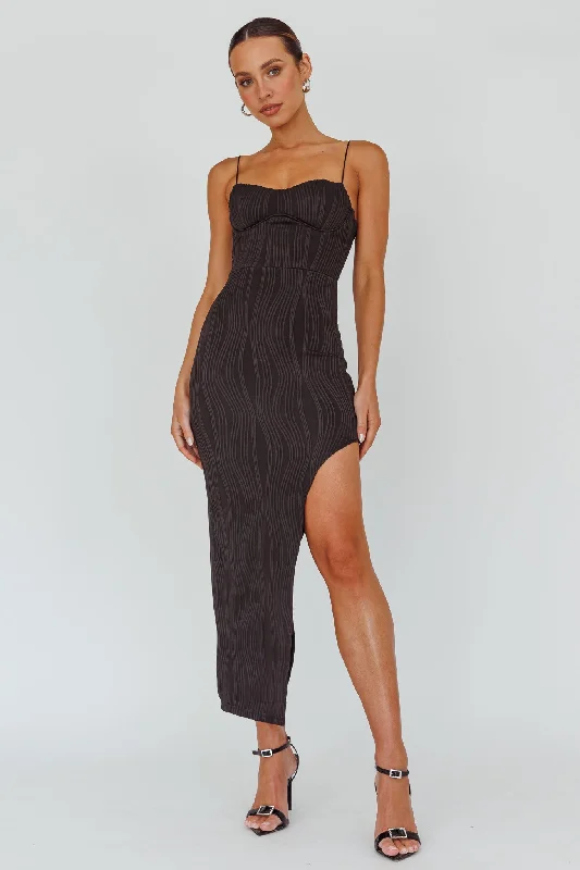 Midi dresses with pleated bodices for a classic and tailored look Silver Screen Queen Thigh Split Maxi Dress Stripe Black