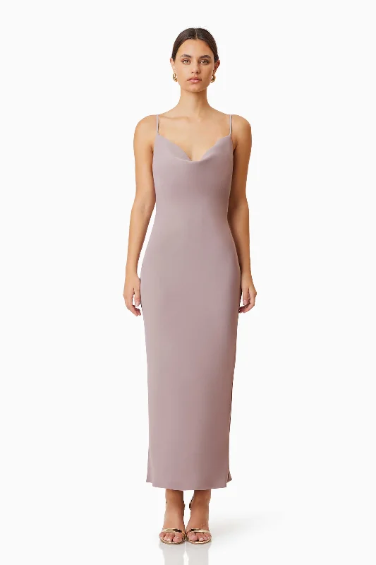 Midi dresses with asymmetric hems for a fashion - forward and dynamic appearance Kenna Cowl Neck Midi Dress In Beige