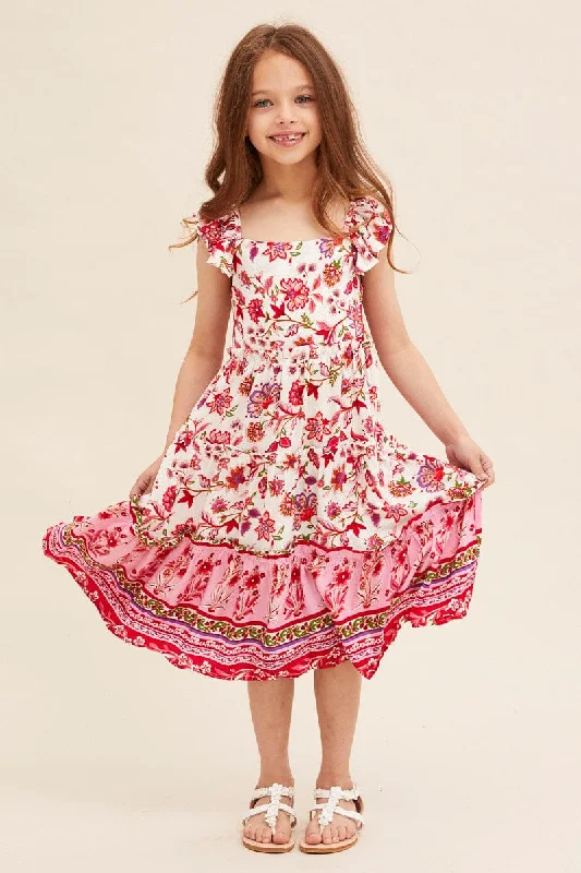 Midi dresses with ruffled bodices for a more pronounced feminine look Pink Boho Kids Midi Dress Tiered