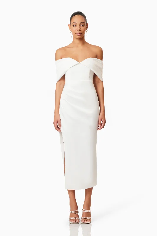 Midi dresses with abstract art prints for an artistic statement Rose Off The Shoulder Midi Dress In White