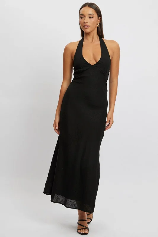 Midi dresses with tiered skirts for a bohemian festival look Black Midi Dress Halter Neck