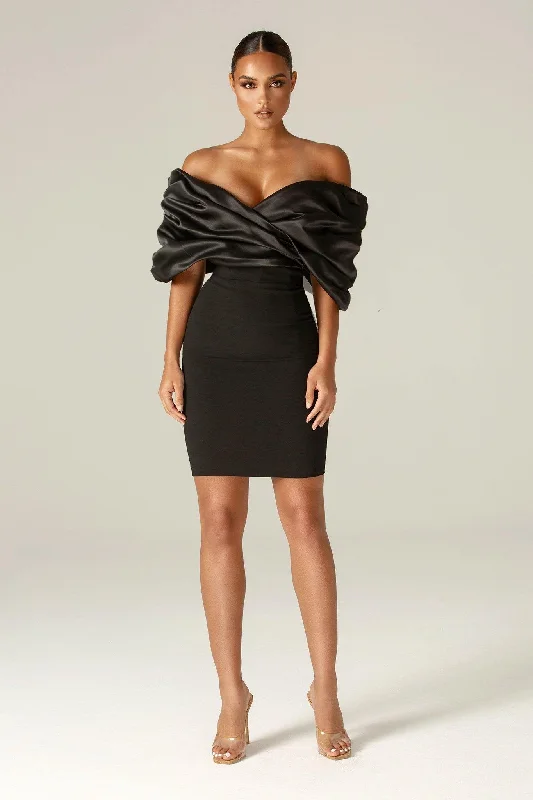 Satin mini dresses for a luxurious feel Maribel Crepe Ruffle Shoulder Mini Dress (Black)
