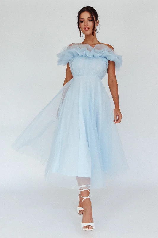 Midi dresses with tiered skirts for a bohemian festival look May Rose Off-Shoulder Tulle Midi Dress Light Blue