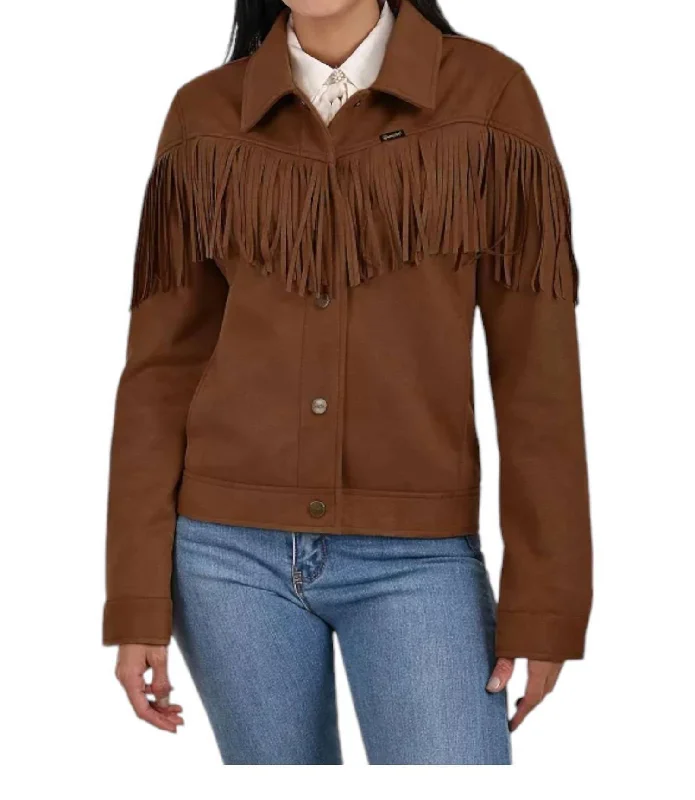 Faux Suede With Fringe Trucker Jacket In Brown