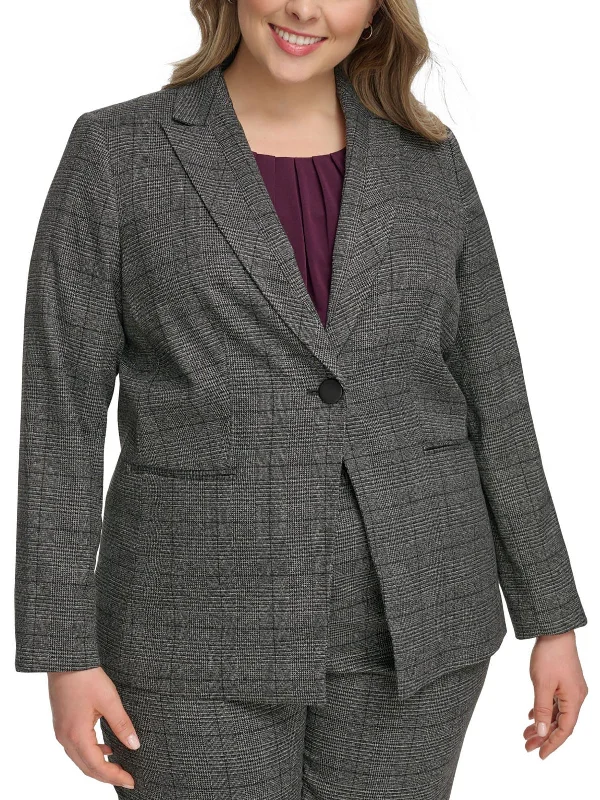 Plus Womens Houndstooth Suit Separate One-Button Blazer