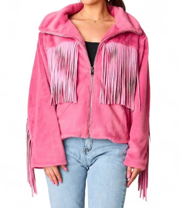 Skylar Fringe Faux Fur Jacket In Hot Pink