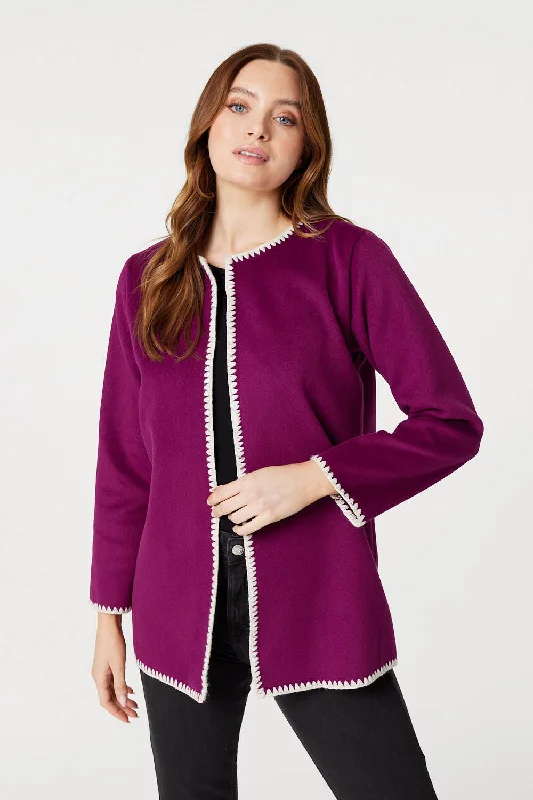 Petite women's wool blend coats with a tailored fit for a flattering silhouetteBlanket Stitch Open Front Coat