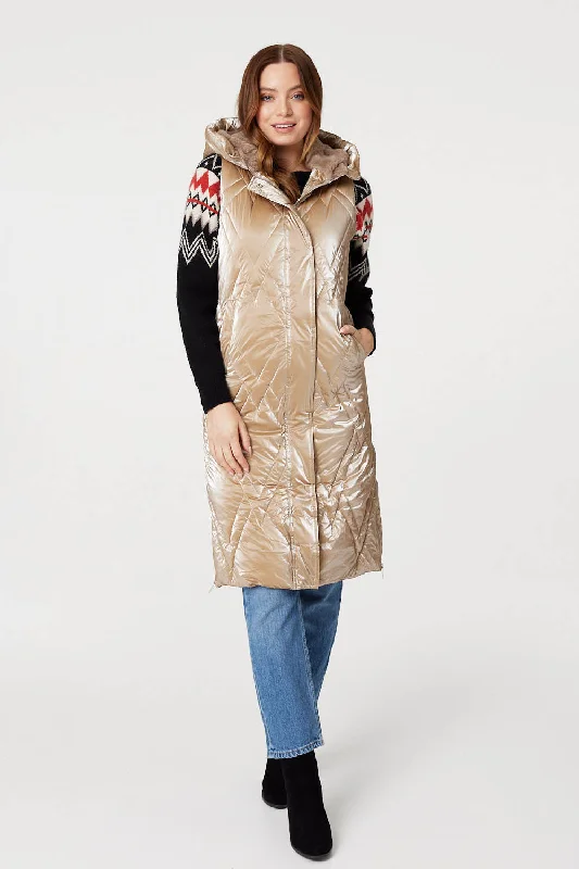 Women's longline double - breasted camel coats for a sophisticated lookLongline Hooded Puffer Vest