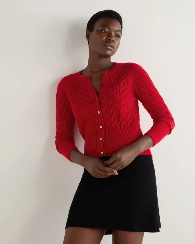 color block women cardigan with bold huesWomen's Myla Cable Cashmere Cardigan Riding Red color block women cardigan with bold huesWomen's Myla Cable Cashmere Cardigan Riding Red