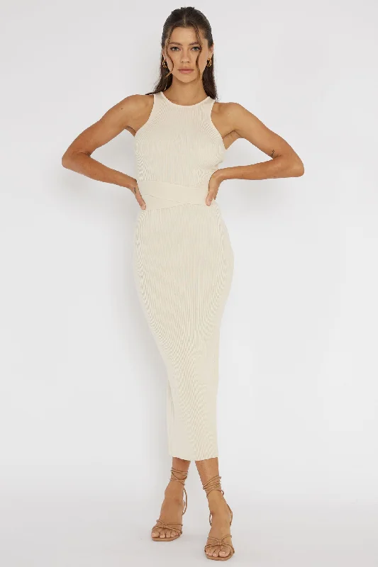 Charmed Me Ribbed Knit Midi Dress Cream