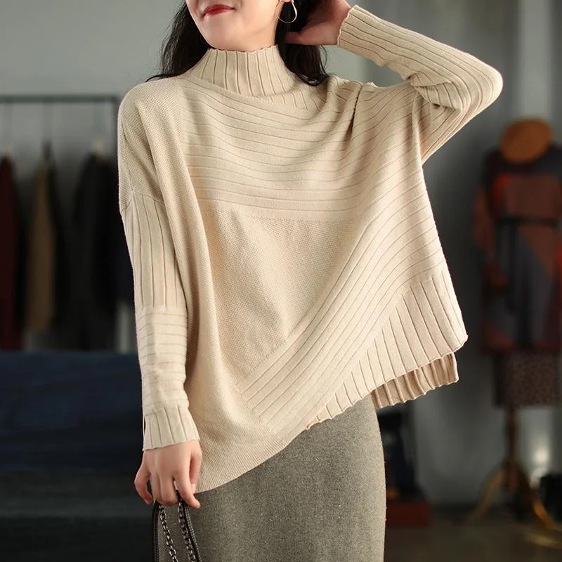 Elegant Turtleneck Stripe Solid Knit Sweater Top