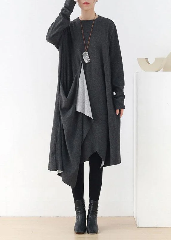 French Grey O-Neck Patchwork Fall Dress Long Sleeve