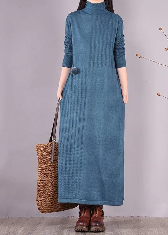 Handmade Blue Dresses High Neck Long Spring Dresses