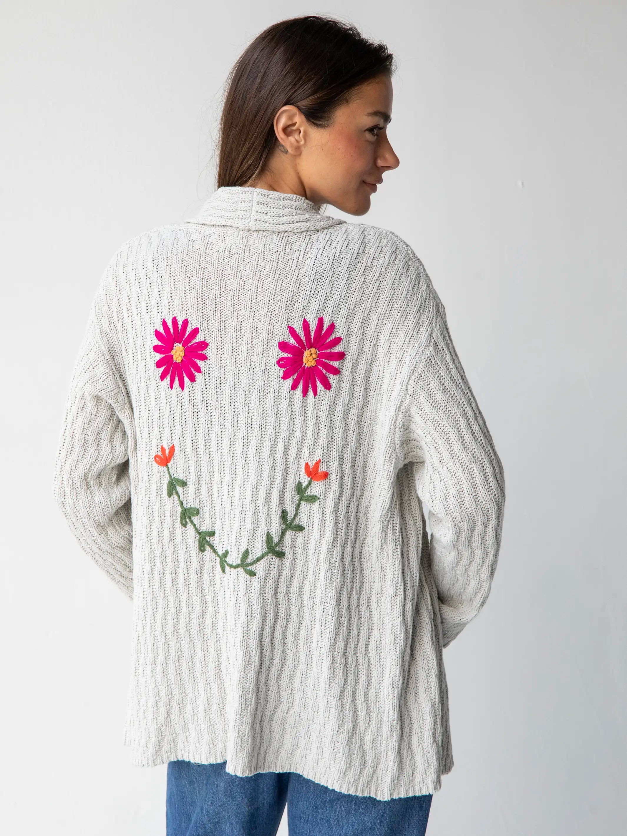 Little Things Embroidered Cardigan Sweater - Cream Smiley Face