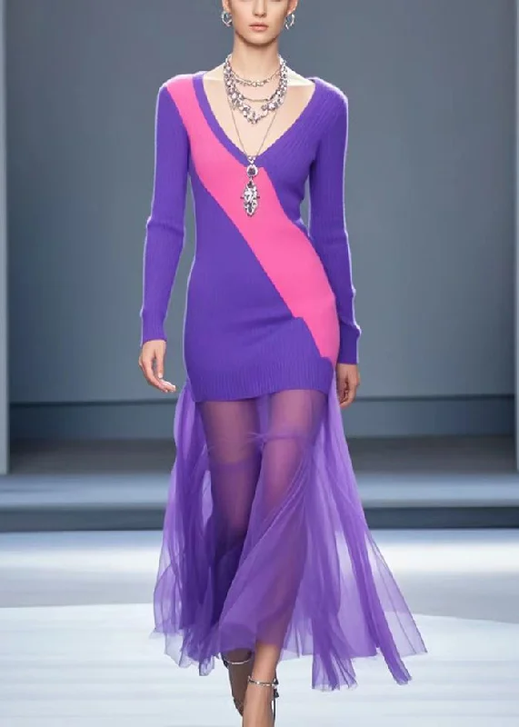 Lace - Embellished Women Dress for an Elegant and Sophisticated AppearancePurple Patchwork Tulle Knit Wraped Dress V Neck Fall