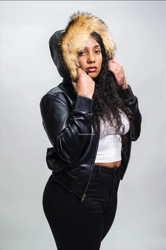 Women's bomber jackets with floral embroidery for a feminine and unique designWomen's BB Jacket With Premium Fur Hood [Raccoon Fur]