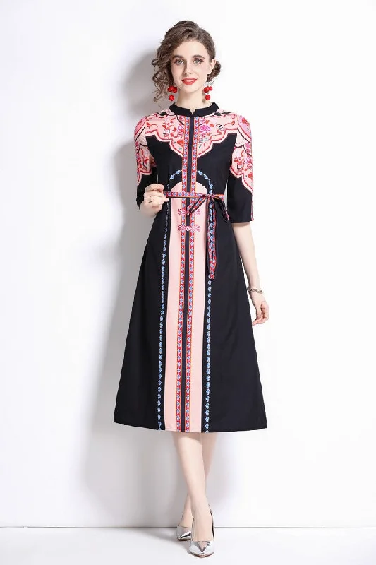 Little Black Women Dress with Sequins for a Glamorous Night Out Little Black Women Dress with Sequins for a Glamorous Night Out Black & Pink A-line Crewneck Elbow Sleeve Midi Printed Dress