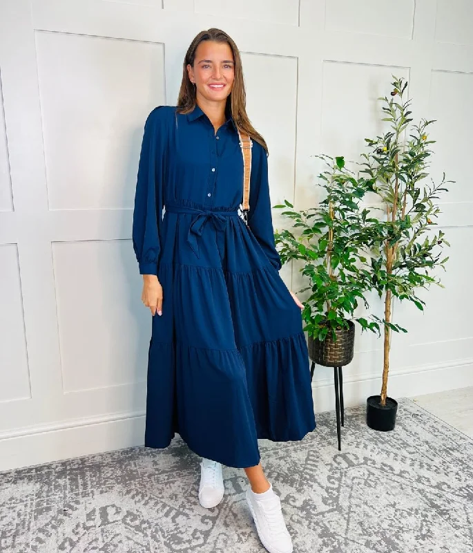 Shift Women Dress with a Simple and Classic Design for Everyday Wear Shift Women Dress with a Simple and Classic Design for Everyday Wear Navy Blue Tiered Belted Shirt Dress