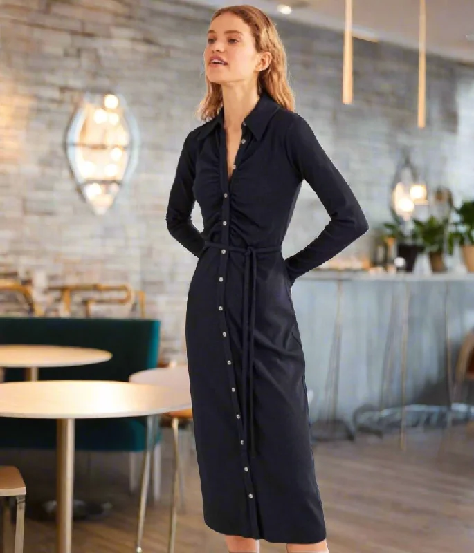 Off - the - Shoulder Women Dress for a Romantic and Feminine Look Off - the - Shoulder Women Dress for a Romantic and Feminine Look Navy Buttoned Ribbed Midi Shirt Dress