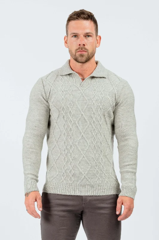 CABLE KNIT POLO SHIRT - LIGHT GREY