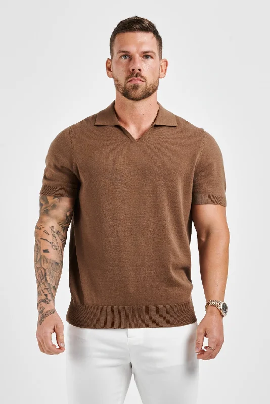 LEGEND OPEN COLLAR POLO SHIRT - BROWN