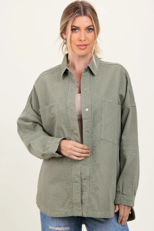 Light Olive Embroidered Snap Button Shirt Jacket