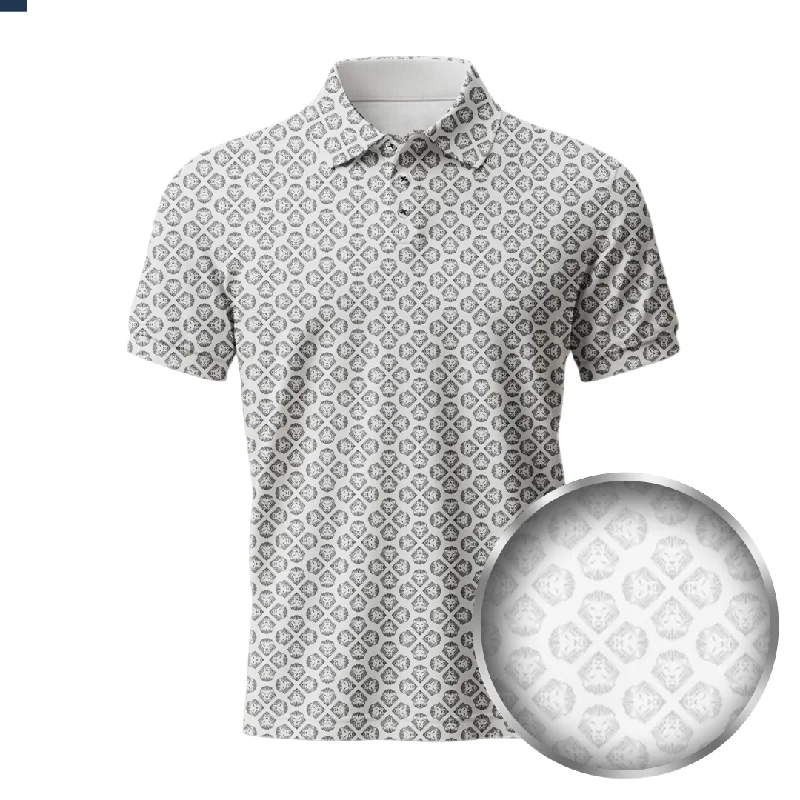 Lion Shield White & Grey Pattern Print Short Sleeve Polo (Classic Fit)