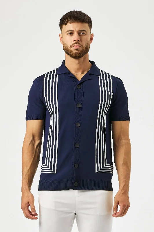 REVERE COLLAR STRIPED KNIT POLO - NAVY