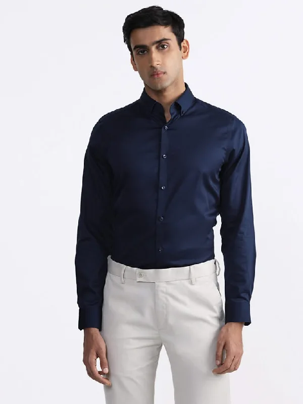 WES Formals Solid Navy-Colored Slim-Fit Shirt