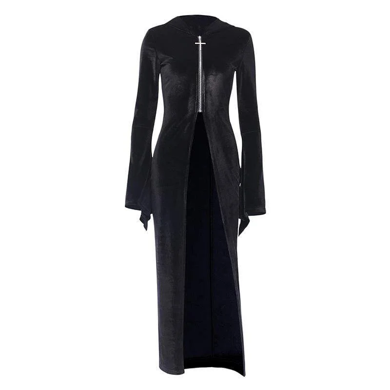 Women's Cross Zipper Fly Hooded Butterfly Sleeved Velvet Dresses