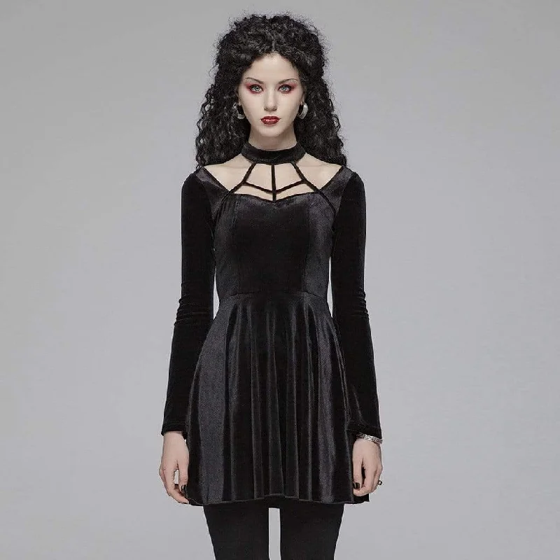 Women's Goth Stand Collar Floral Lace Long Sleeved Dress