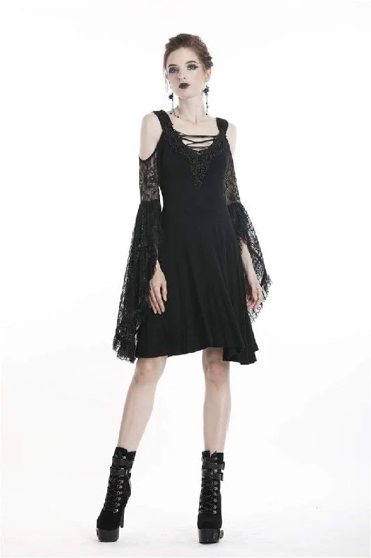 Women's Goth Off Shoulder Black Little Dress With Lace Flare Sleeves