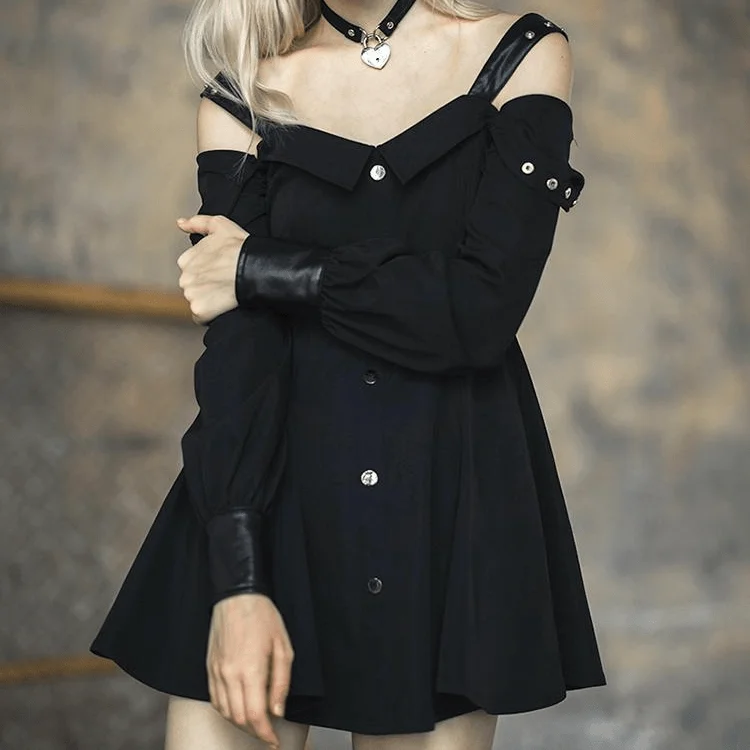 Women's Goth Off Shoulder Front Buttons Long Sleeved Little Black Dress