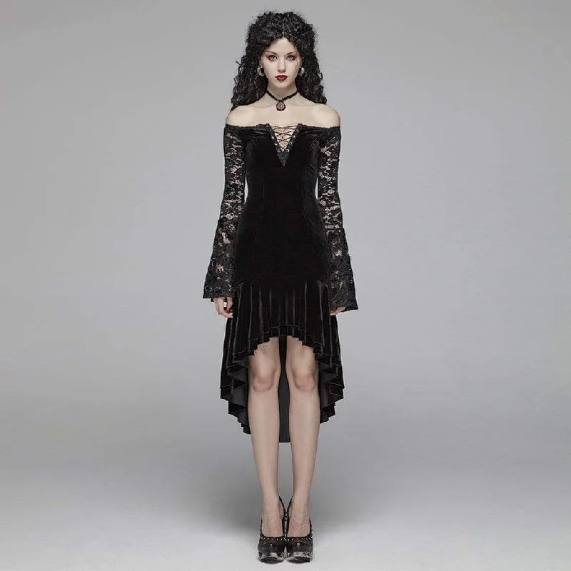 Women's Goth Off Shoulder High/Low Velet Dress With Lace Sleeves