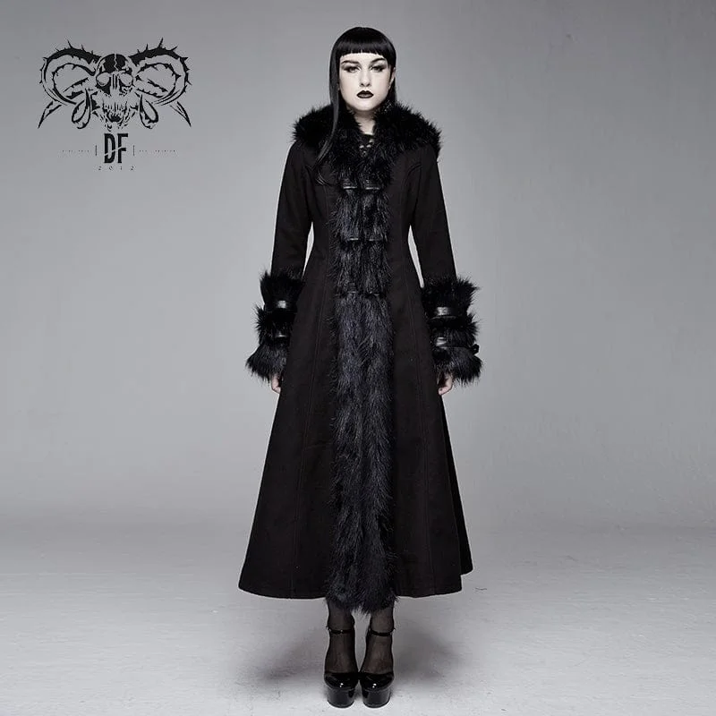 Women's Gothic Black Hooded Dresses With Detachable Fluffy Accessories