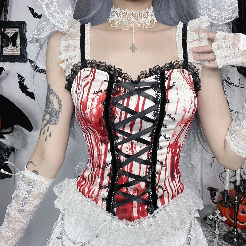 Women's Gothic Lace-up Ruffled Tank Top White Red