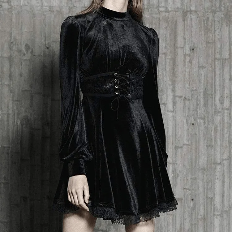 Women's Lace-up Puff Sleeved Velvet Dresses