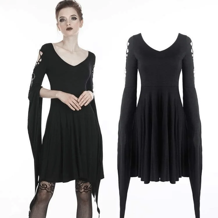 Women's Punk V-neck Hollow Dresses With Long Hooked Slit Sleeves